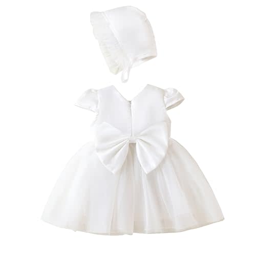 Newborn Baby Girl Christening Dress White Baptism Lace Short Sleeve Fall Wedding Dresses with Bonnet Outfit