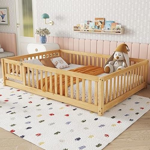 Full Size Floor Bed with Slats, Wood Montessori Floor Bed with Fence and Door(Full Natural)
