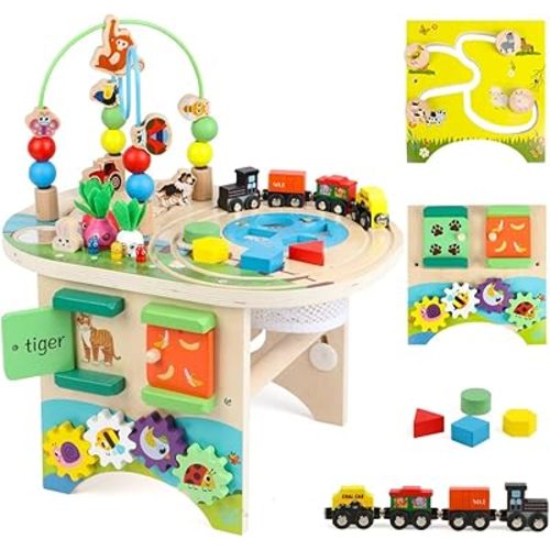 Activity Table for 1 Year Old Montessori Educational Learning Toys for 1 2 Year Old Girls Boys Toddlers Baby 12-18 Months 1st First Birthday Gifts 10 in 1 Wooden Bead Maze Sensory Center Toys