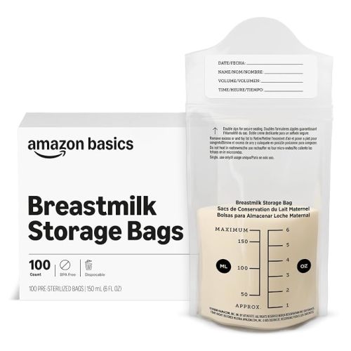 Amazon Basics Breastmilk Storage Bags, Pre-Sterilized, BPA Free, Double Zips, for Refrigeration and Freezer Storage, 100 Count, 6 fl oz (Previously Mama Bear)