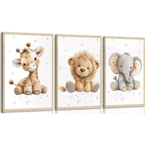 3Pcs Kids Room Wall Art Cute Animal Wall Decor Prints Boy Girls Room Pictures Giraffe Lion And Elephant Painting Artwork for Baby Room Nursery Decoration 12x16in