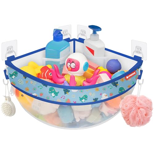 UNEEDE 4.32 Gallons Dinosaur Print Corner Bath Toy Storage | Blue Mesh Shower Caddy with Quick Drain & Bottom Zipper