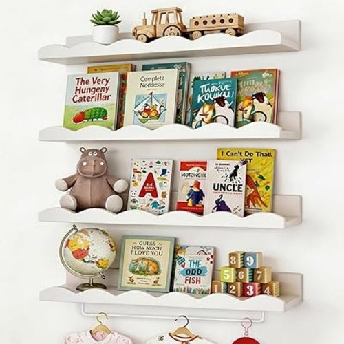 Fixwal Nursery Shelves, 16.5 Inch Floating Bookshelves for Wall Set of 4, Scalloped Wall Book Shelves with Towel Rack for Kids, Toddler Room, Baby Room, Nursery Decor and Storage(White)