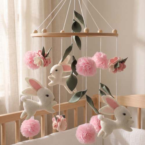 Sleepy Time Felt Mobiles - White Bunnies & Bright Pink Pom Poms