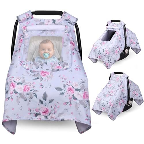 Car Seat Cover Baby Girl Boy, Pink Flower Carseat Covers Infant Car Seat Canopy, 2 Layers Window with Breathable Mesh/Fabric, Kick-Proof Stroller Sun Shade, 40" x 30" Universal Large Size