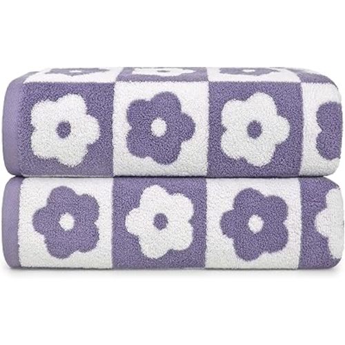 2-Pieces Luxury Bath Towels Checkered Floral, Purple Towels for Women Girls