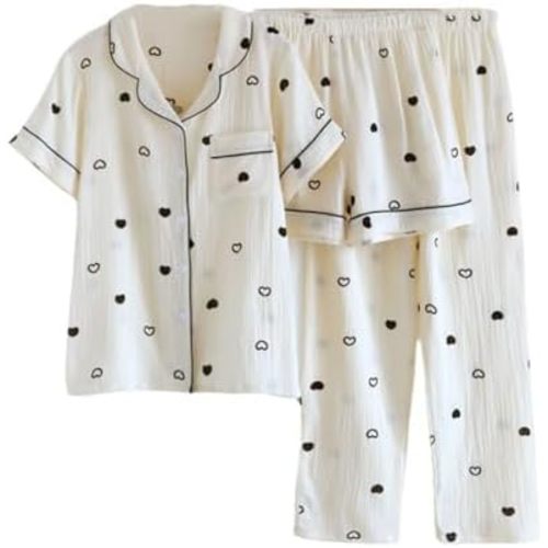 codcm Womens 3pcs Cotton Gauze Pajamas Set Short Sleeve Button Up Sleepwear Heart Print Cute Pj Set with Long Pants