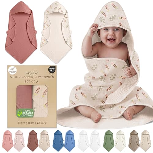 100% Organic Cotton Muslin Baby Hooded Towels 32x32 Inch – 2 Pack Soft & Absorbent Baby Hooded Towel Wrap for Boys & Girls, Premium Hooded Towels, Gentle Baby Essentials in Deep Olive/Ivory