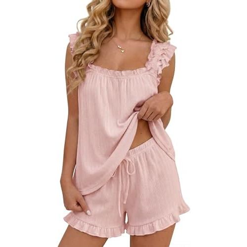 OUGES 100% Cotton Pajamas for Women 2 Piece Ruffle Tank Top and Shorts Cute Bridal Pjs Soft Sleepwear Lounge Set with Pockets
