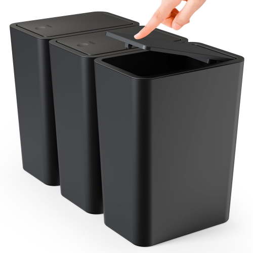 TINANA Small Trash Can with Lid, 3 Pack 10L Plastic Trash Bin, 2.6 Gallon Slim Garbage Bin Wastebasket with Pop-Up Lid for Bathroom, Bedroom, Office, Kitchen, Craft Room-Black