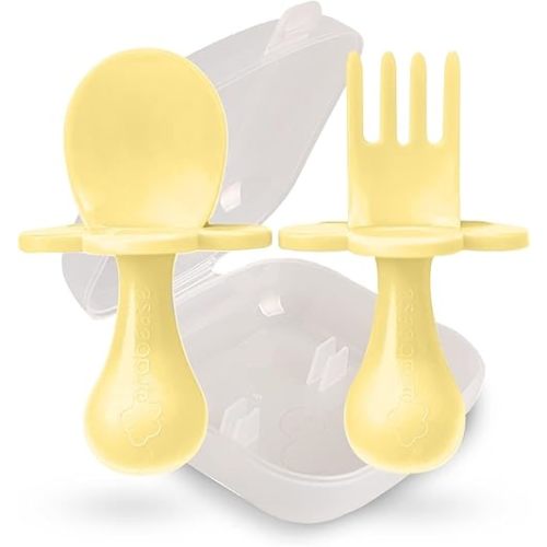 Grabease Baby Feeding Utensils Set - Infant and Baby Fork and Spoon for Ages 1-11 Months, BPAs and Phthalate-Free Cutlery, Plastic, 1 Set, Yellow