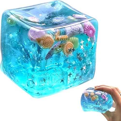 Ice Cube Cube Fidget Toys - Sensory Toys for Kids with Real Sea Shells, Squishy Fidget Toy for Kids & Adults | Non-Toxic Squeeze Ball for Anxiety, Focus & Calm for School, Office (Blue, 4.5 cm)