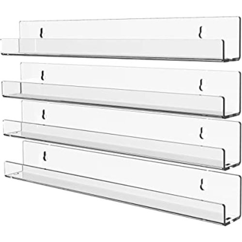KLGO 4 Pack 15 Inch Acrylic Invisible Kids Floating Bookshelf for Kids Room,Modern Picture Ledge Display Toy Storage Wall Shelf,Clear (4 Pack)