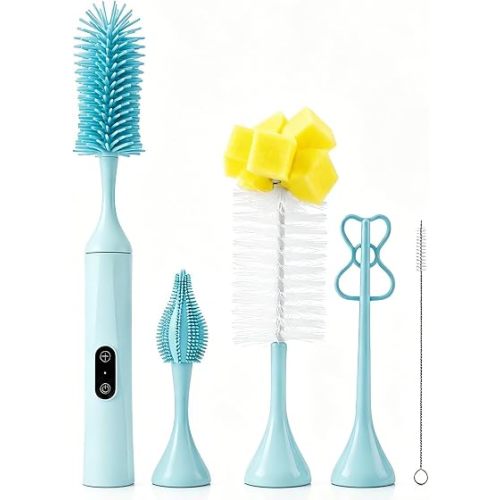 Electric Bottle Brush, Rechargeable Auto Spinning Bottle Cleaner, All-in-One Cleaning Kit with Multi Brush Heads & Stir Stick for Baby Bottles & Drinkware, Great Household Helper and Ideal Gift