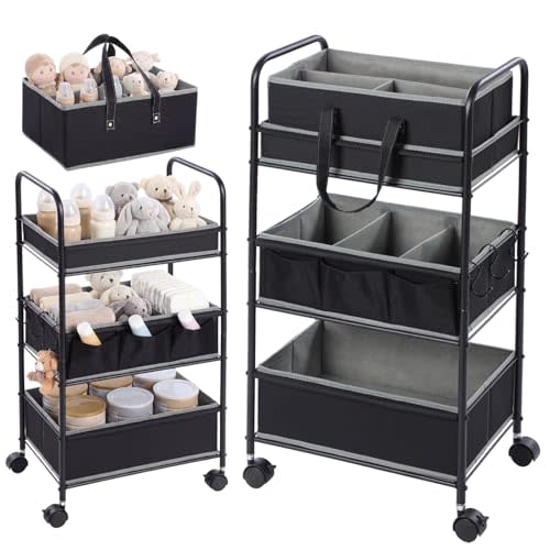 Honeydak 2in1 Baby Diaper Caddy Organizer Cart 3 Tier Large Capacity Metal Utility Bedside Rolling Cart with Divider Newborn Registry Nursery Essential Must Have Crib Bedroom Baby Shower(Black)