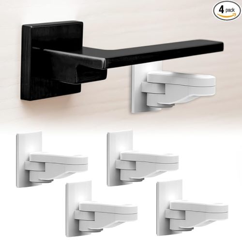 4 Pack Childproof Door Lever Lock, Baby Proof Door Handle Lock, Compact Minimalist Design, Strong Adhesive, Easy Installation – No Tools or Drilling Needed, White