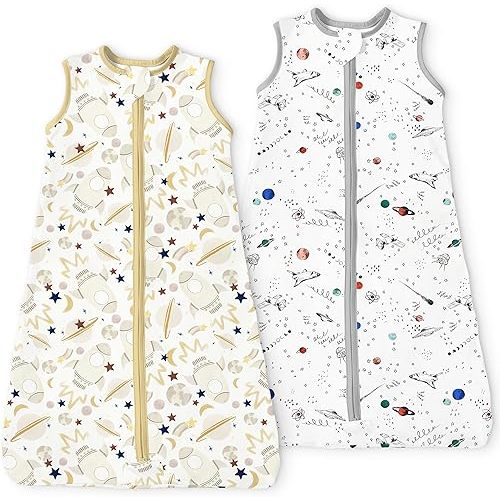Sleep Sack 6-12-15 Months 2-Pack, 0.5 TOG Stretchy Summer Baby Wearable Blanket with 2-Way Safe Zippers, Cozy Soft Sleeveless Sleeping Bag for Babies