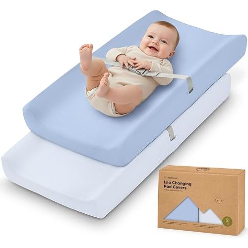 2-Pack Baby Changing Pad Cover for Girl, Boy - 34x18 Soft Viscose Derived from Bamboo Baby Diaper Changing Table Pad Cover Sheets, Neutral, Snug Fit Nursery Diaper Change Sheets (Blue Flax)