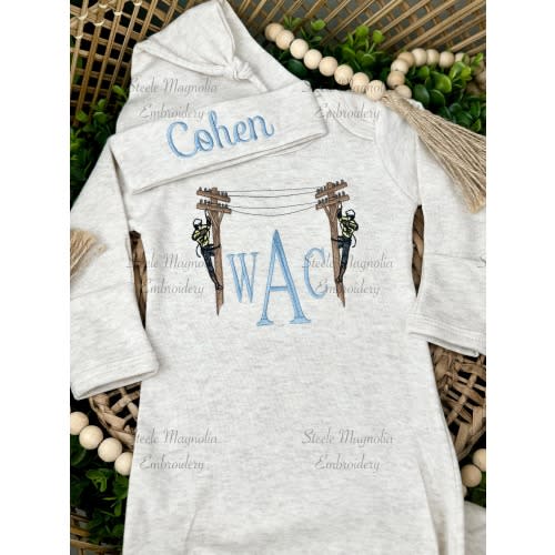 Lineman Baby Gown Set Embroidered Infant Hospital Coming Home Outfit Newborn Romper Lineman Nursery Decor Personalized Name Baby Shower Gift