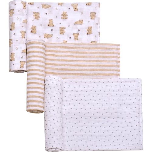 3 Pack Cotton Muslin Swaddle Blankets for Baby, 40" x 36", Lightweight, Breathable, Tan, (Little Me Bingle Bear)