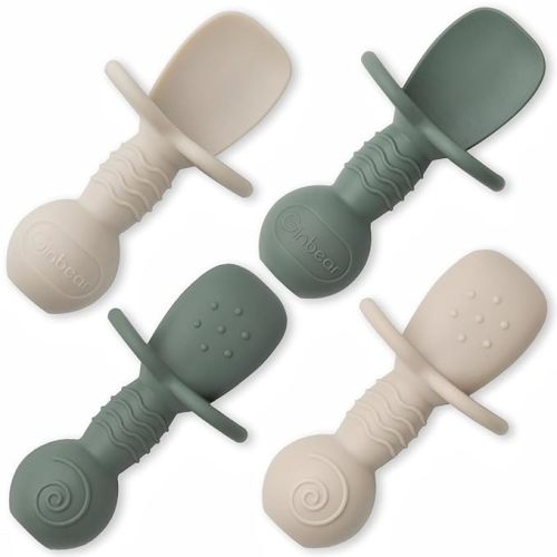 Ginbear Platinum Silicone Baby Spoons Self Feeding 6 Months First Stage, Non Toxic Infants Led Weaning Utensils for Training, Soft BLW Supplies Pack of 4 (Dark Sage/Ivory)
