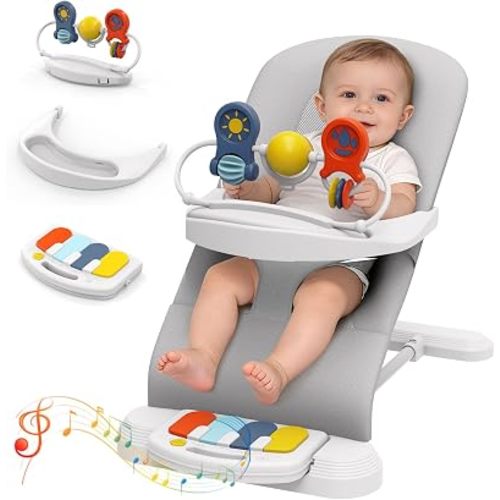 Baby Bouncer Seat, 3-Speed Adjustable Height Baby Bouncer Seat, 4-in-1 Bouncer Seat for Babies 0-6 Months, Detachable Piano Pedals, Feeding Tray