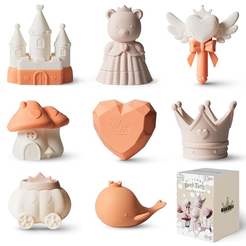 MarcZero Princess Silicone Bath Toys 8Pcs for Toddlers Kids Babies,Bathtub Water Toys,Soft Squeezable Easy-Grip Pool Toys Set (Peach)