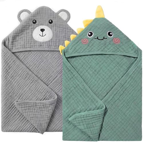 4 PCS Muslin Baby Bath Towels Set, 100% Cotton 2 PCS Animal Hooded Baby Towels 32x32 Inch & 2 PCS Washcloths, Ultra Absorbent & Soft Infant Newborn Essentials Gifts for Boys & Girls, Dinosaur & Bear