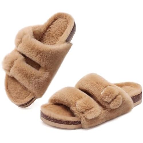 KIDMI Fuzzy Slippers Women with Cork Footbed Fluffy Slides Open Toe Indoor House Shoes | Arch Support | Adjustable Buckles