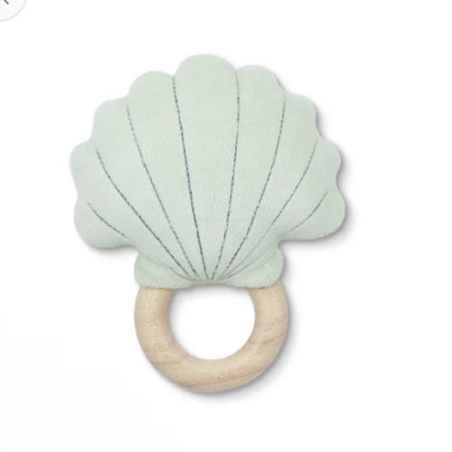 Teal Shell Rattle – Organic Cotton & Wood Teething Toy