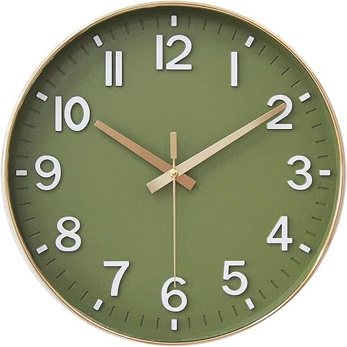 HZDHCLH Wall Clocks Battery Operated,12 inch Silent Non Ticking Modern Wall Clock for Living Room Bedroom Kitchen Office Classroom Decor (Olive Green and Gold)