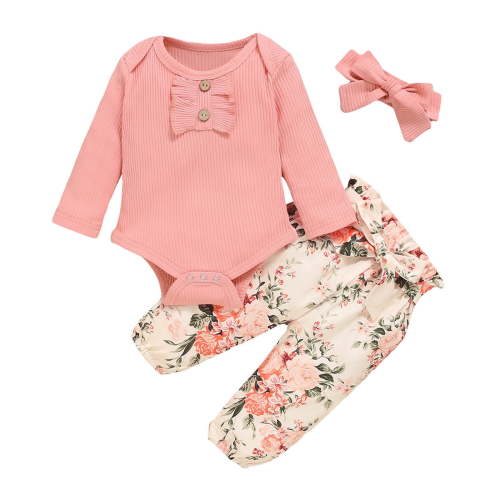 Erwazi Newborn Baby Girls Clothes Set Ribbed Ruffled Romper+Floral Pants+Headband Infant Outfit Set