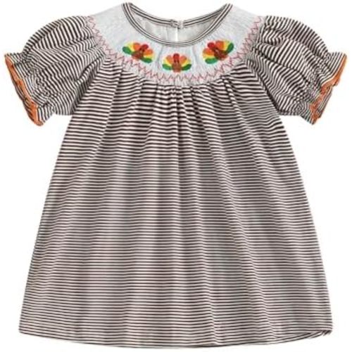 Toddler Baby Girl Smocked Thanksgiving Dress Outfit Turkey Puff Short Sleeve Striped Kids Girls Fall Dresses