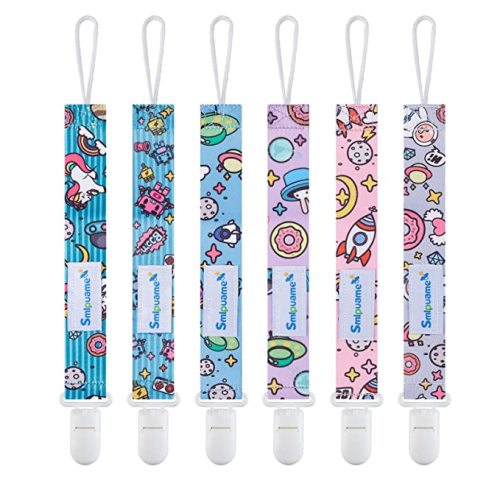 Smlpuame Pacifier Clip Girl,6 Pack Stylish Binky Clips Strap for Baby Girls,Paci Holder with Clip Lightweight Universal Fits Most Pacifiers Teether Toy Teething Ring Soothie,Baby Gift(Travel in Space)