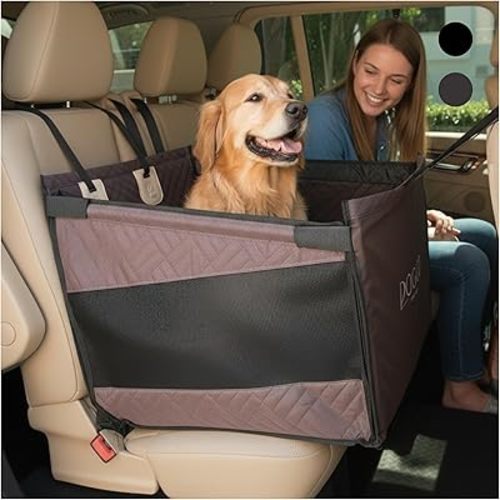 Premium Dog Car Seat & Back Seat – Waterproof & Non-Slip Travel Hammock with Storage Pockets | Secure & Comfortable Pet Seat Cover for Medium Dogs – Fits Cars, SUVs & Trucks (Brown)