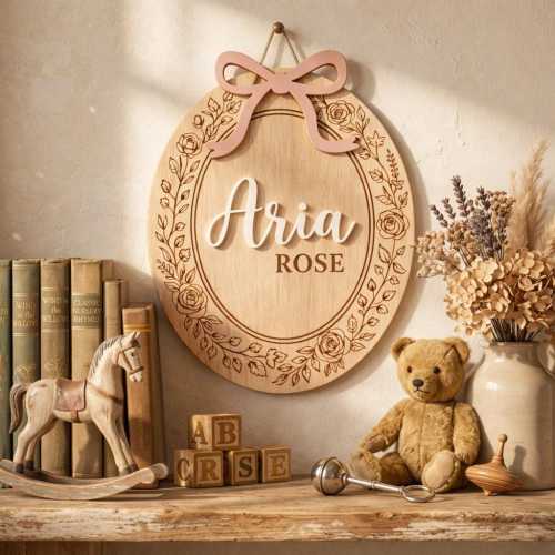 Personalized Wooden Baby Name Sign with Bow, Custom Nursery Name Sign, Floral Engraved Wood Wall Decor, 3D Raised Baby Name Sign