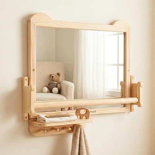 Wisreach Montessori Baby Mirror with Adjustable Pull-Up Bar & Shelf, Shatterproof Acrylic, Wall-Mounted for Tummy Time, Infant Standing Training, Toddler Bedroom & Nursery Use