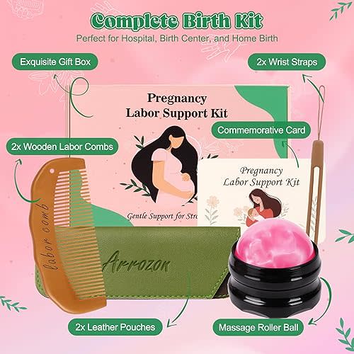 Arrozon 2 Pcs Labor Comb & Massage Roller Ball Kit, Birthing Comb Labor and Delivery Essentials, Birth comb Hospital Bag Essentials, Wooden Combs Baby Shower Gifts, Pain Relief Pregnancy Must Haves