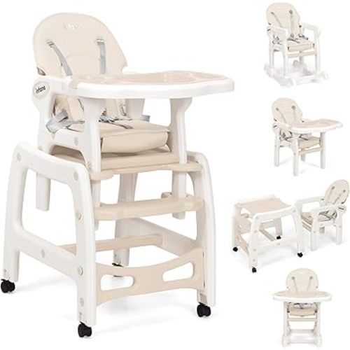 INFANS 5 in 1 Baby High Chair, Convertible Toddler Table Chair Set, Rocking Chair, Multi-Function Seat with Lockable Universal Wheels, Adjustable Seat Back, Removable Trays