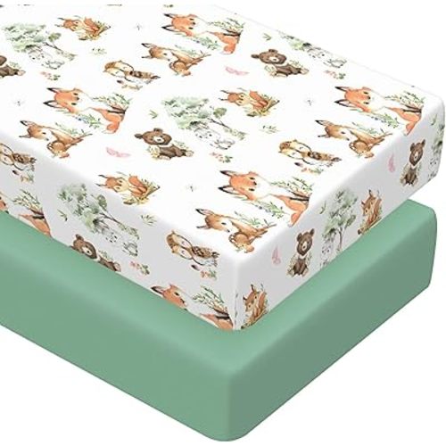 Peryiter 2 Pack Crib Sheets for Girls Boys Coquette Bed Sheet Set Fitted 52'' x 28" for Standard Crib Mattress Stretchable Soft Toddler Aesthetic Nursery Decor(Forest Animals,Green)