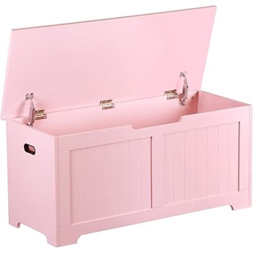 Wooden Storage Chest Box with Flip-top Lid & Safety Hinge, 39.4 Inch Living Room Organizer, Bedroom Bench, Pink