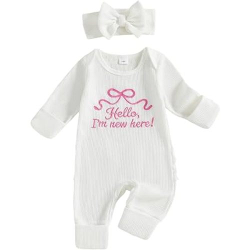 Nebworn Baby Girl Waffle Knit Romper Long Sleeve Ruffle Butt Onesie Fall Winter Clothes Coming Going Home Outfit