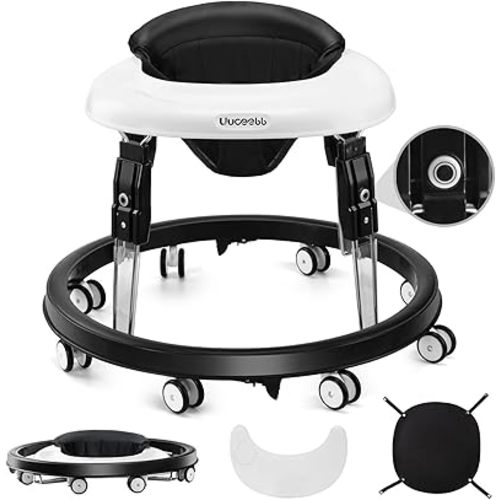 Baby Walker with Wheels, One-Touch Folding Baby Walkers, 7-Speed Height Adjustment with Large Dinner Plate, Anti-Roll 8-Wheel with Brake for 6-18 Months Baby (Black)
