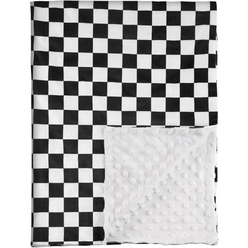 Checkered Baby Blankets for Boys, Comfy Durable Blanket with Double Layer Dotted Backing Checkerboard Grid Chessboard Gingham Bed Blankets for Newborn Infants Black, 30x40 Inches