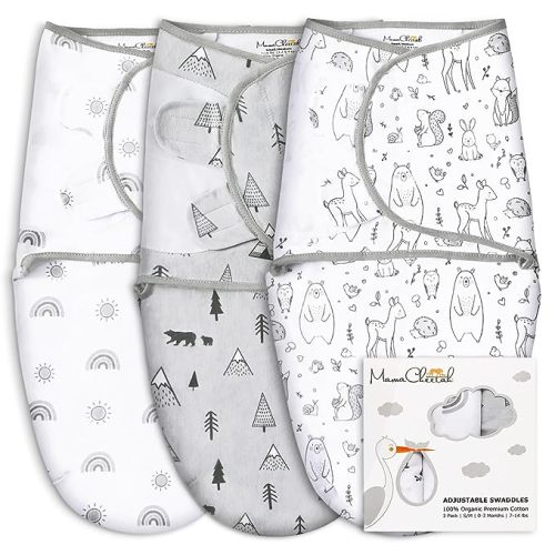 Mama Cheetah Organic Baby Swaddle Blanket, Adjustable Newborn Swaddle Sleep Sacks, Easy Swaddles for Boys and Girls 0-3 Months, Nursery Swaddling Essentials, 3-Pack