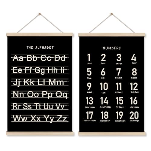 HRQKO Black Alphabet Numbers Poster Hanger Frame Set of 2, Nursery Wall Decor, ABC Poster Wall Art with Wooden Frames, Alphabet Banner Wall Hanging Decor for Playroom Boy Toddler Room, 16x24 inch