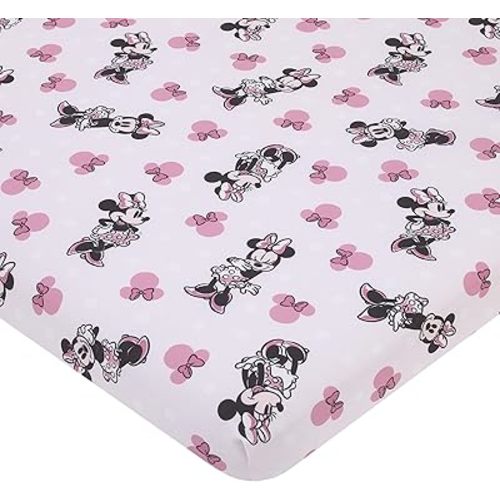 Disney Minnie Mouse Pink, Black, and White Super Soft Nursery Fitted Mini Crib Sheet