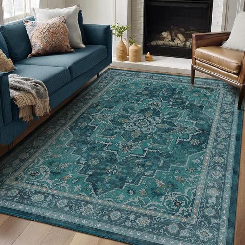 Vintage Dark Green Area Rugs 5x7 for Living Room, Tranditional Distressed Medallion Printed Low Pile Thin Rugs for Bedroom, Non Slip Washable Carpet Rugs for Dining Room/Kitchen/Home Office