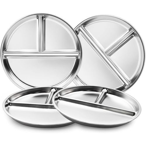 Stainless Steel Kids Plates Set of 4, 9" Portion Control Plates Divided Plate for Adults Toddlers Balance Lunch, Bariatric & Diabetic Diet, Non Toxic Camping Metal Snack Plate for Eating