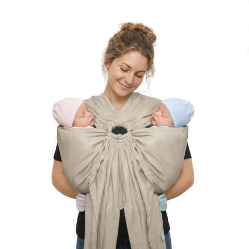 Beige Tandem Ring Sling for Twins – 100% Linen Cotton Blend Baby Carrier | Ergonomic Twin Baby Sling for Hip Carry | Soft, Adjustable & Breathable Ring Sling for Newborns to Toddlers up to 60 lbs